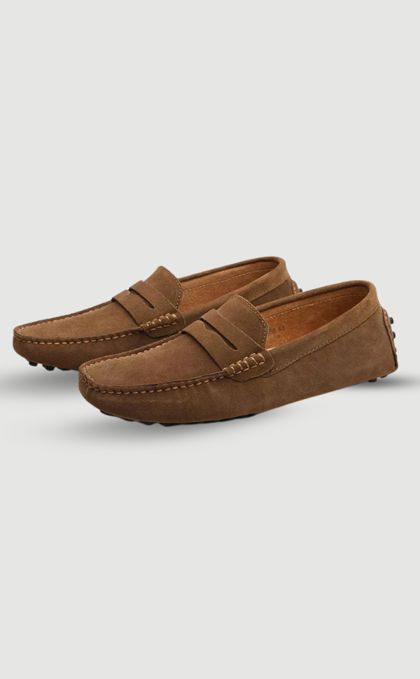 Men's moc toe loafers with penny strap and flat soles