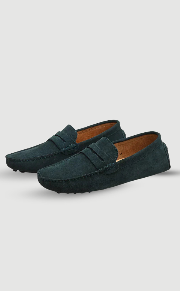 Men's moc toe loafers with penny strap and flat soles