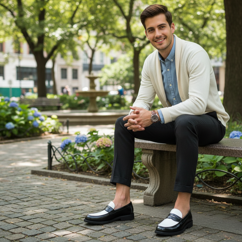 Men's slip-on loafers with contrast panels, rounded toes and low heels