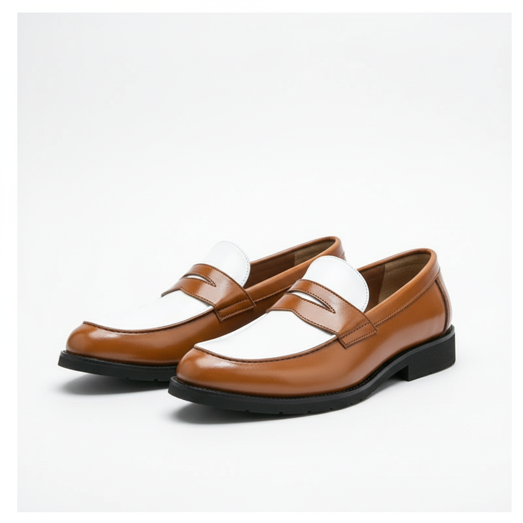 Men's slip-on loafers with contrast panels, rounded toes and low heels