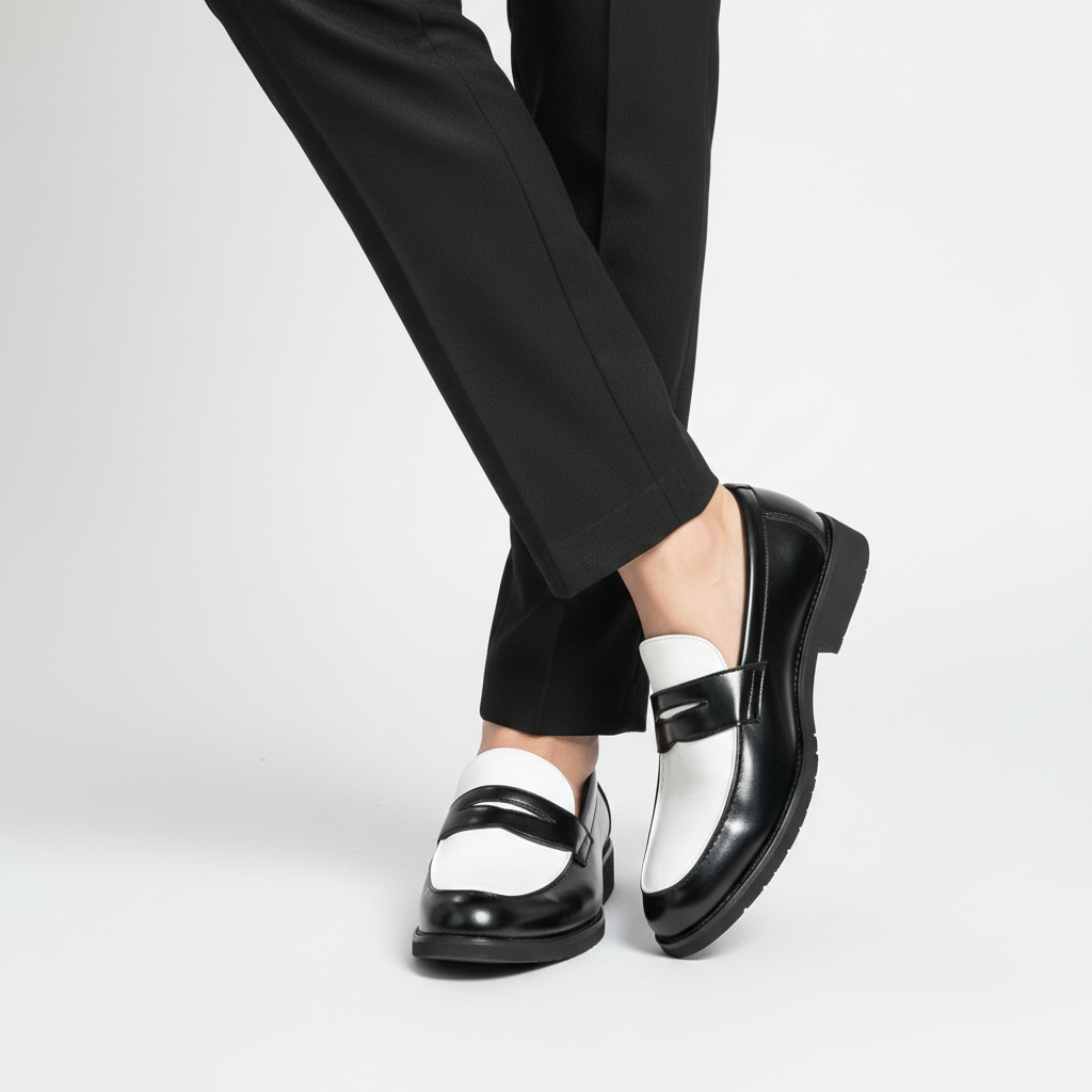 Men's slip-on loafers with contrast panels, rounded toes and low heels