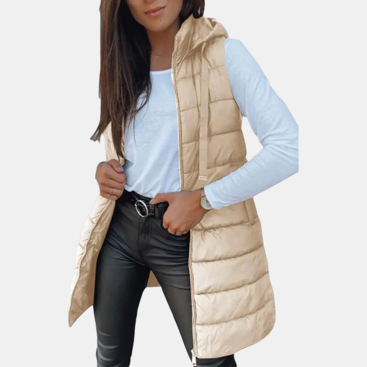 Women's longline hooded puffer gilet with horizontal quilting and zip front