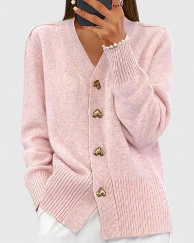 Women's V-neck cardigan with heart-shaped buttons, front pockets and ribbed trims