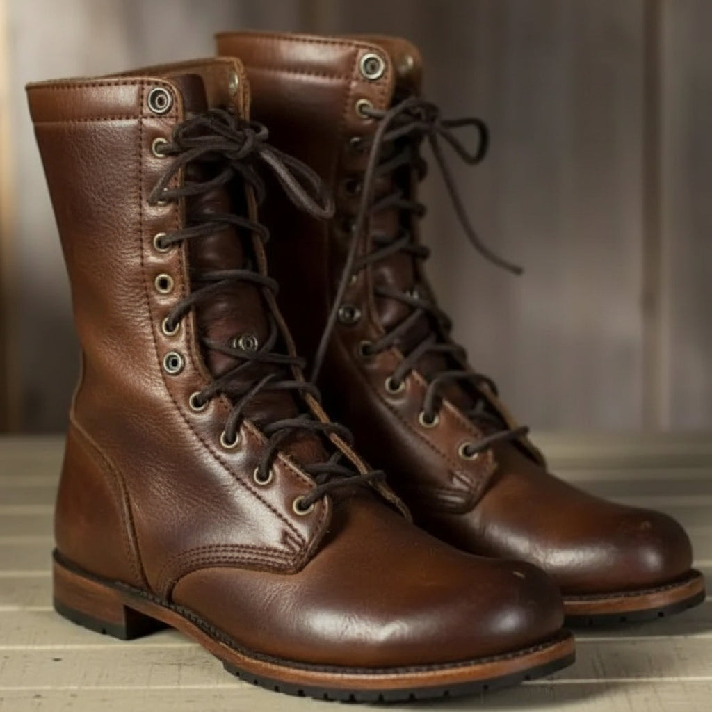 Unisex lace-up ankle boots with rounded toes and low heels in brown and black