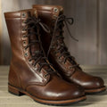 Unisex lace-up ankle boots with rounded toes and low heels in brown and black