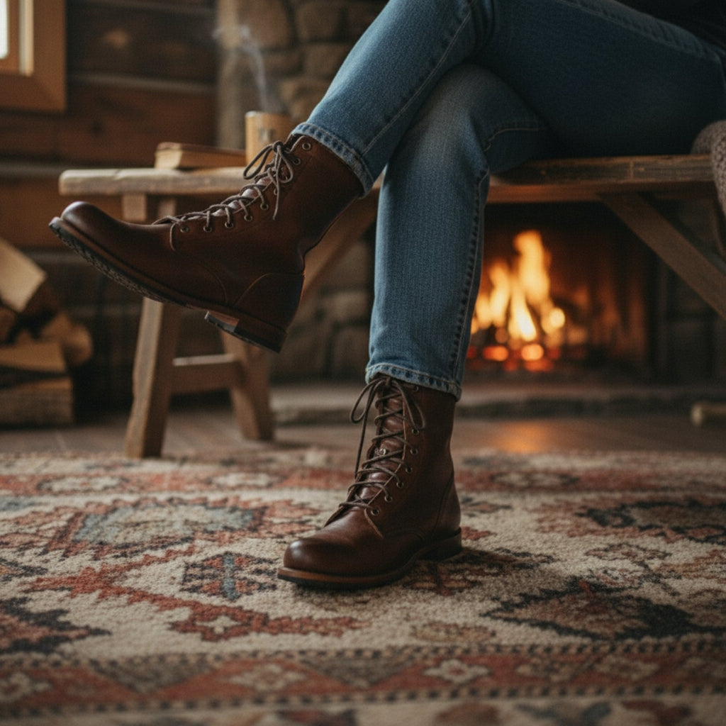 Unisex lace-up ankle boots with rounded toes and low heels in brown and black