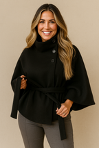Women's belted cape coat with high collar, buttons and draped sleeves