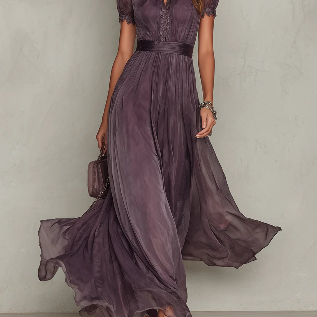 Women's purple chiffon maxi dress with high neckline, short puff sleeves and flowing full-length skirt