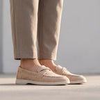 Women's beige textured penny loafers with flat soles