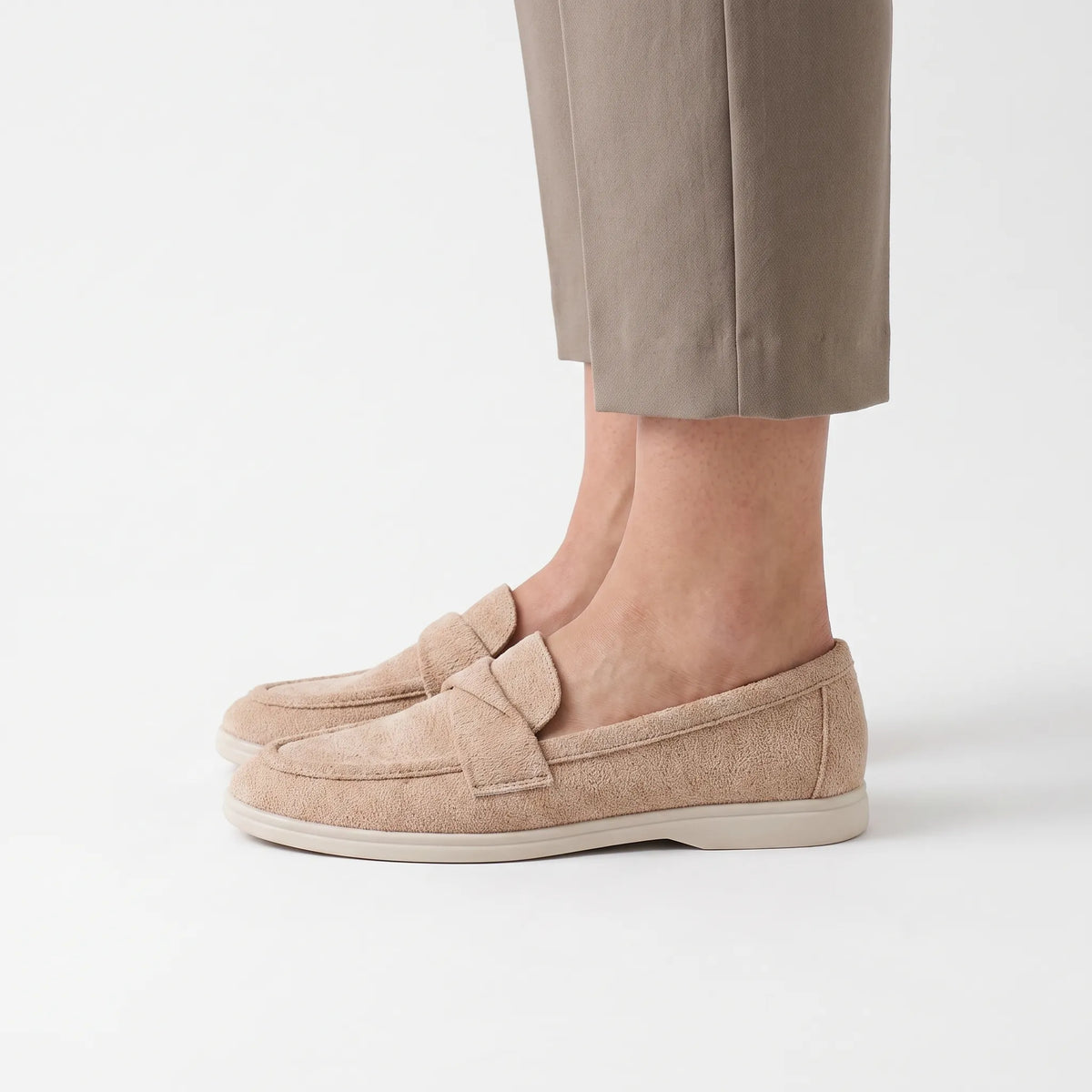Women's beige textured penny loafers with flat soles