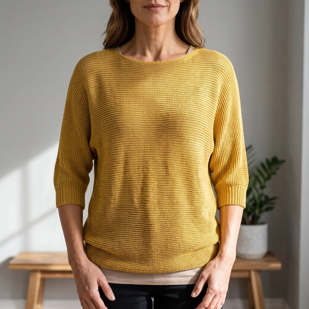 Women's textured crochet jumper with boat neckline and three-quarter sleeves