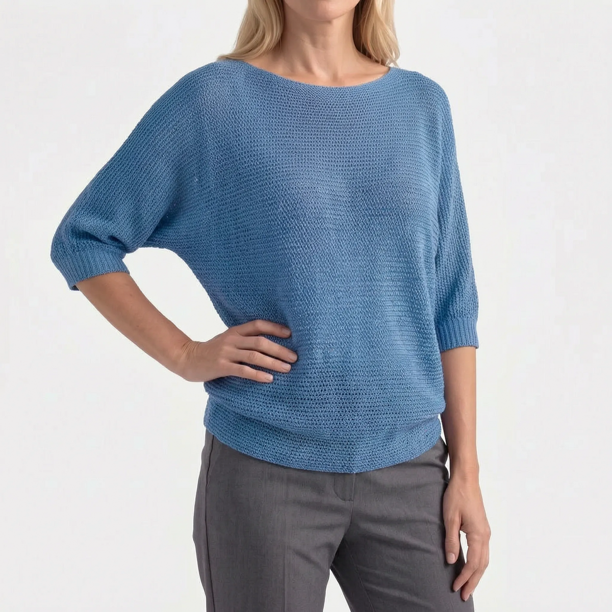 Women's textured crochet jumper with boat neckline and three-quarter sleeves