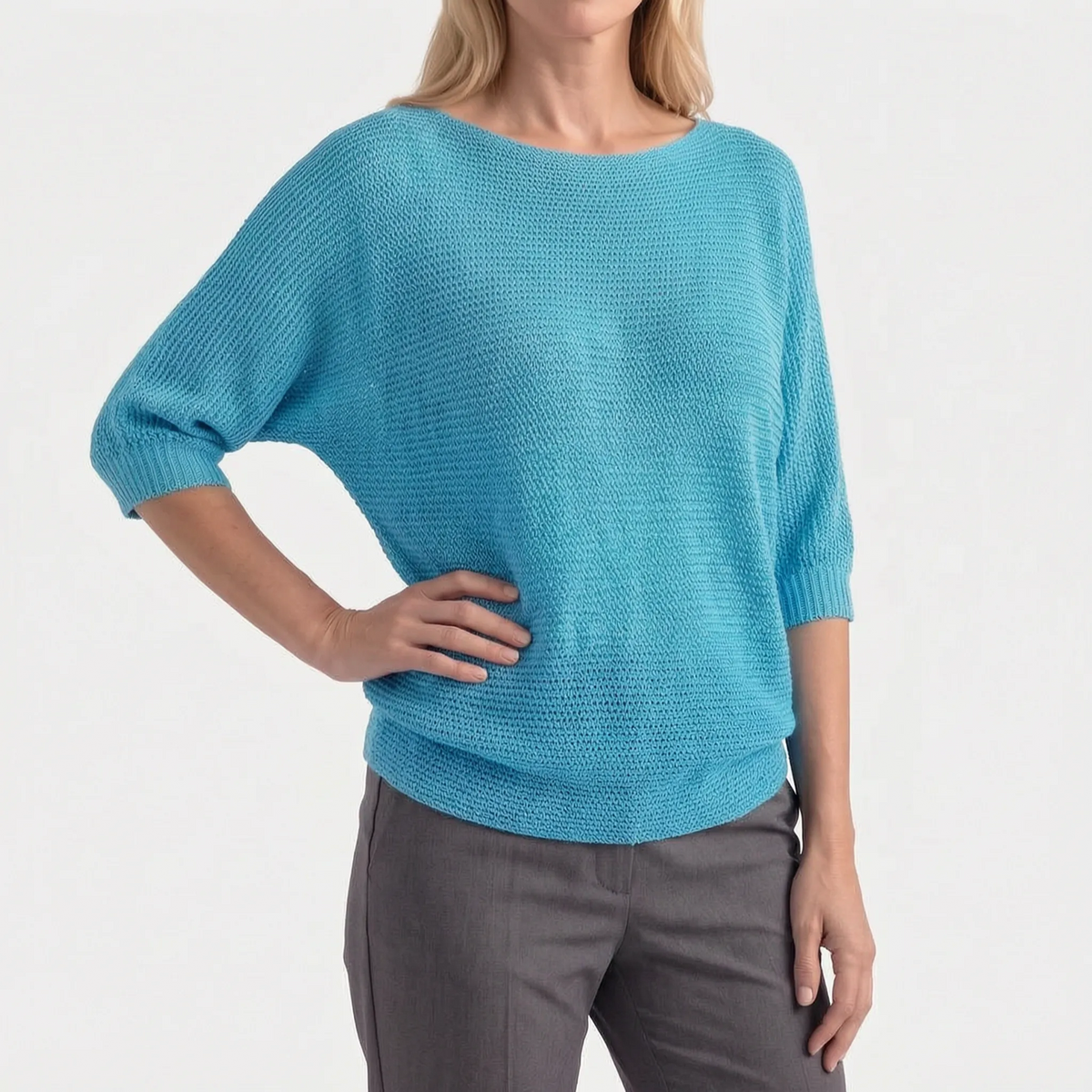 Women's textured crochet jumper with boat neckline and three-quarter sleeves