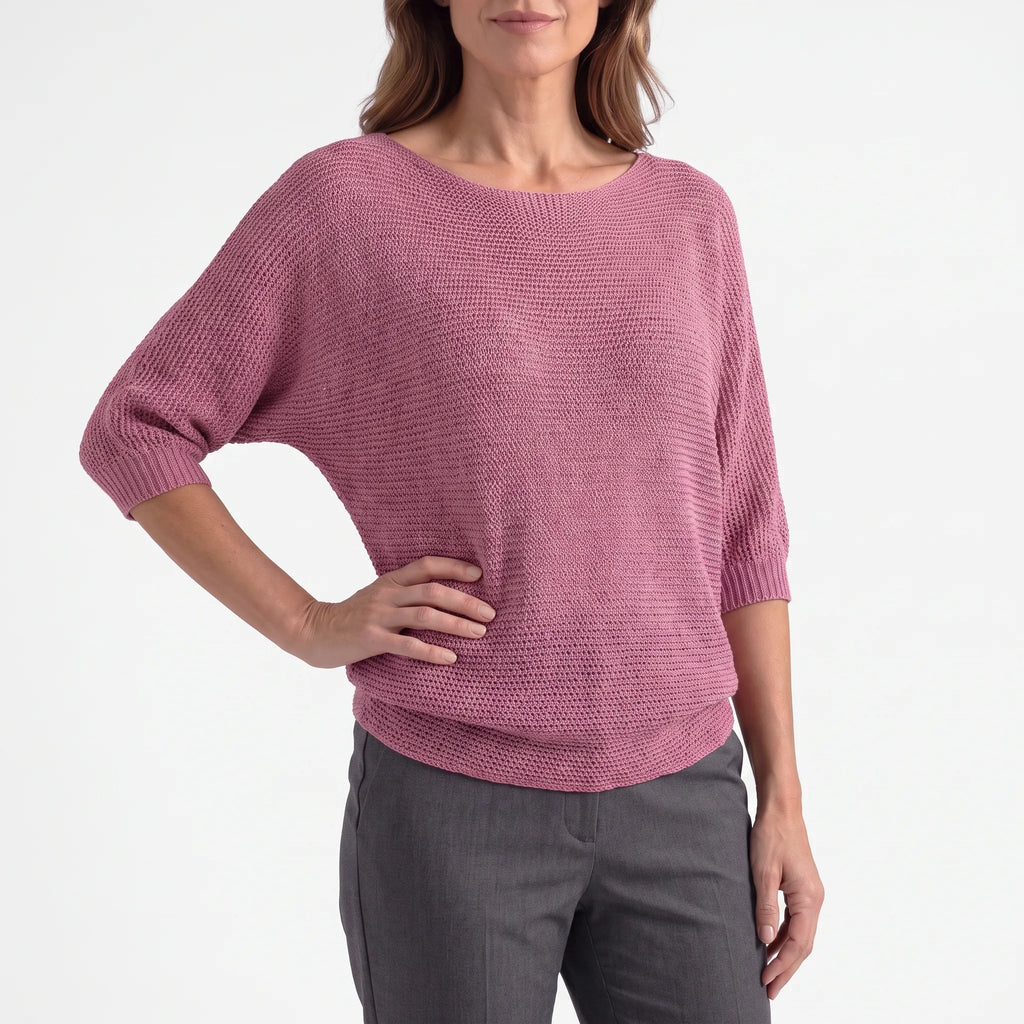 Women's textured crochet jumper with boat neckline and three-quarter sleeves