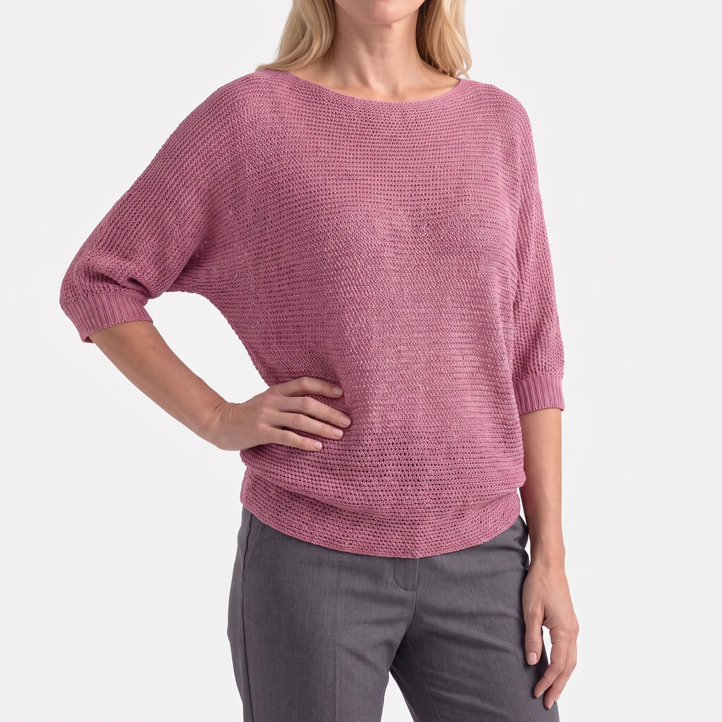 Women's textured crochet jumper with boat neckline and three-quarter sleeves