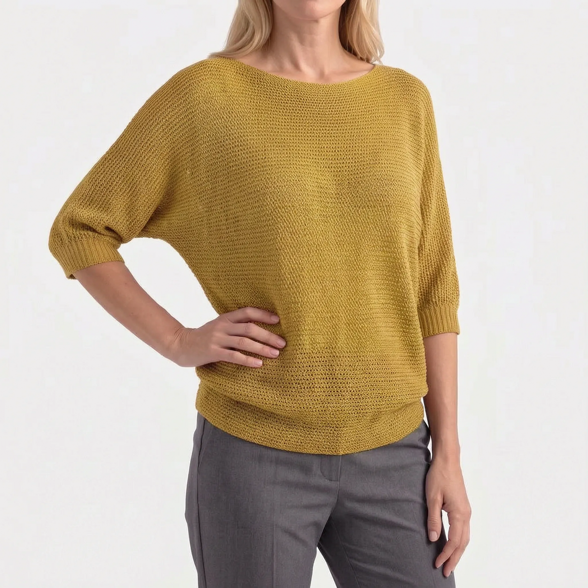 Women's textured crochet jumper with boat neckline and three-quarter sleeves