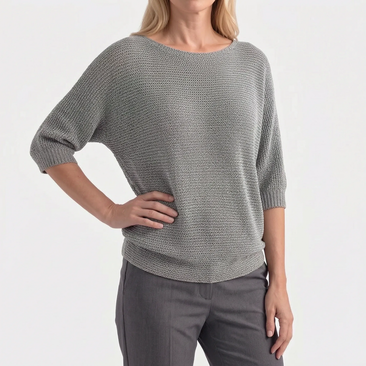 Women's textured crochet jumper with boat neckline and three-quarter sleeves