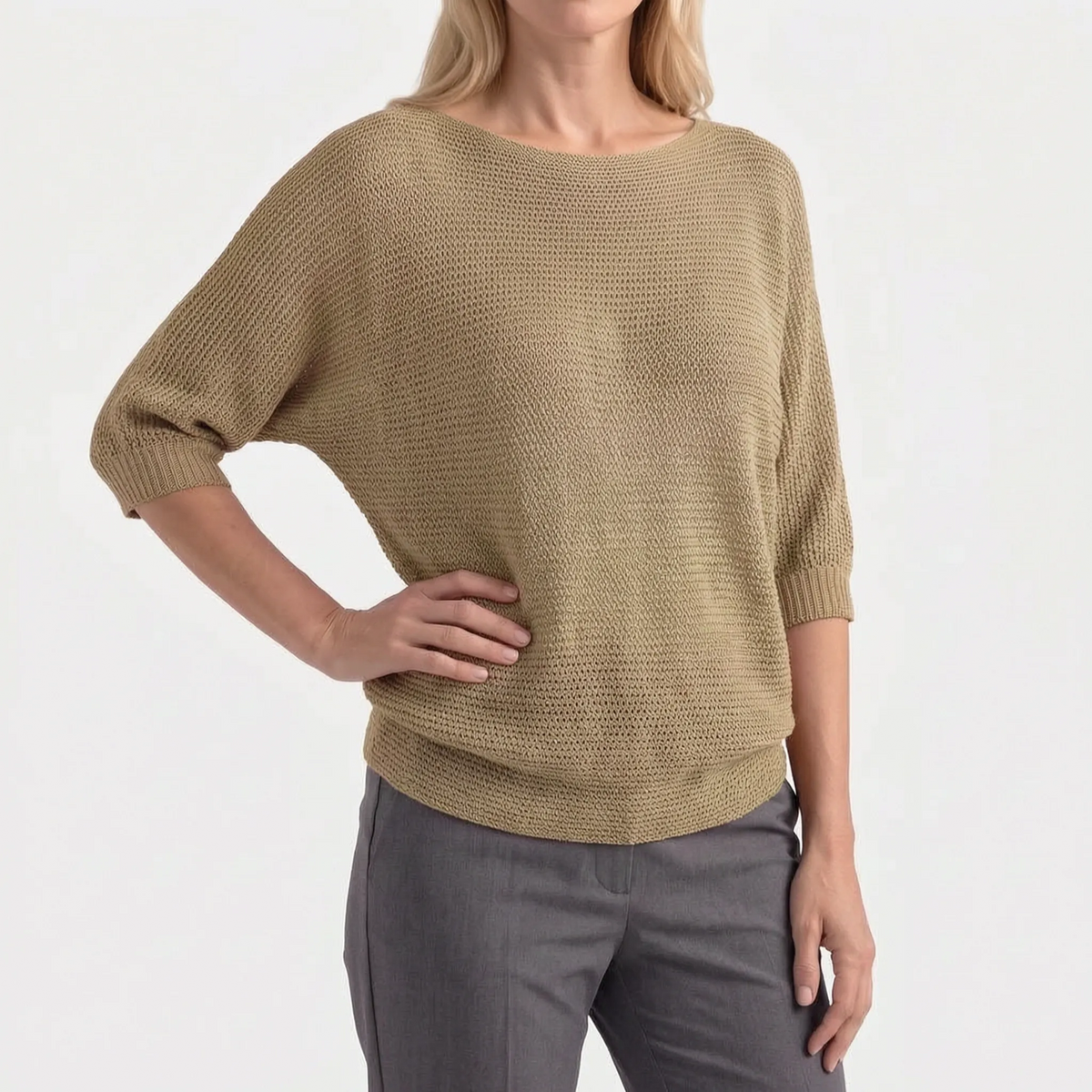 Women's textured crochet jumper with boat neckline and three-quarter sleeves