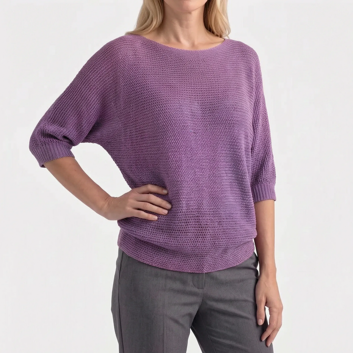 Women's textured crochet jumper with boat neckline and three-quarter sleeves