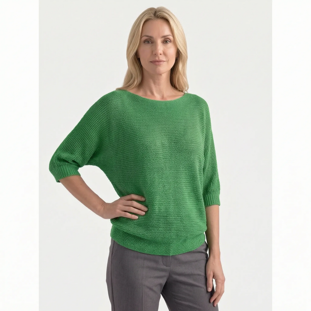 Women's textured crochet jumper with boat neckline and three-quarter sleeves