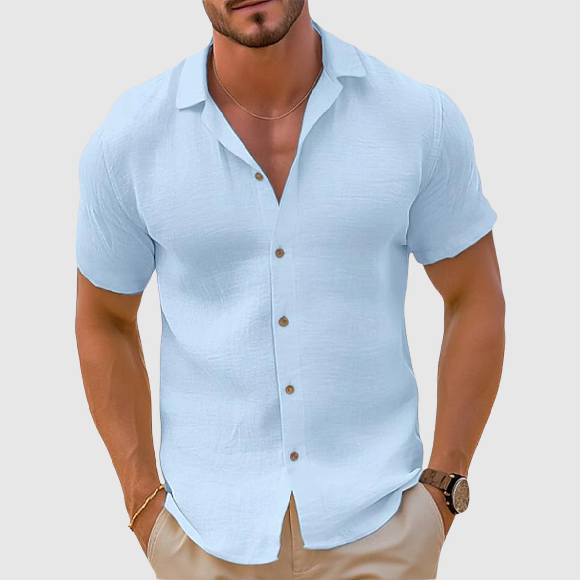 Men's short sleeve button shirt with open collar and textured finish