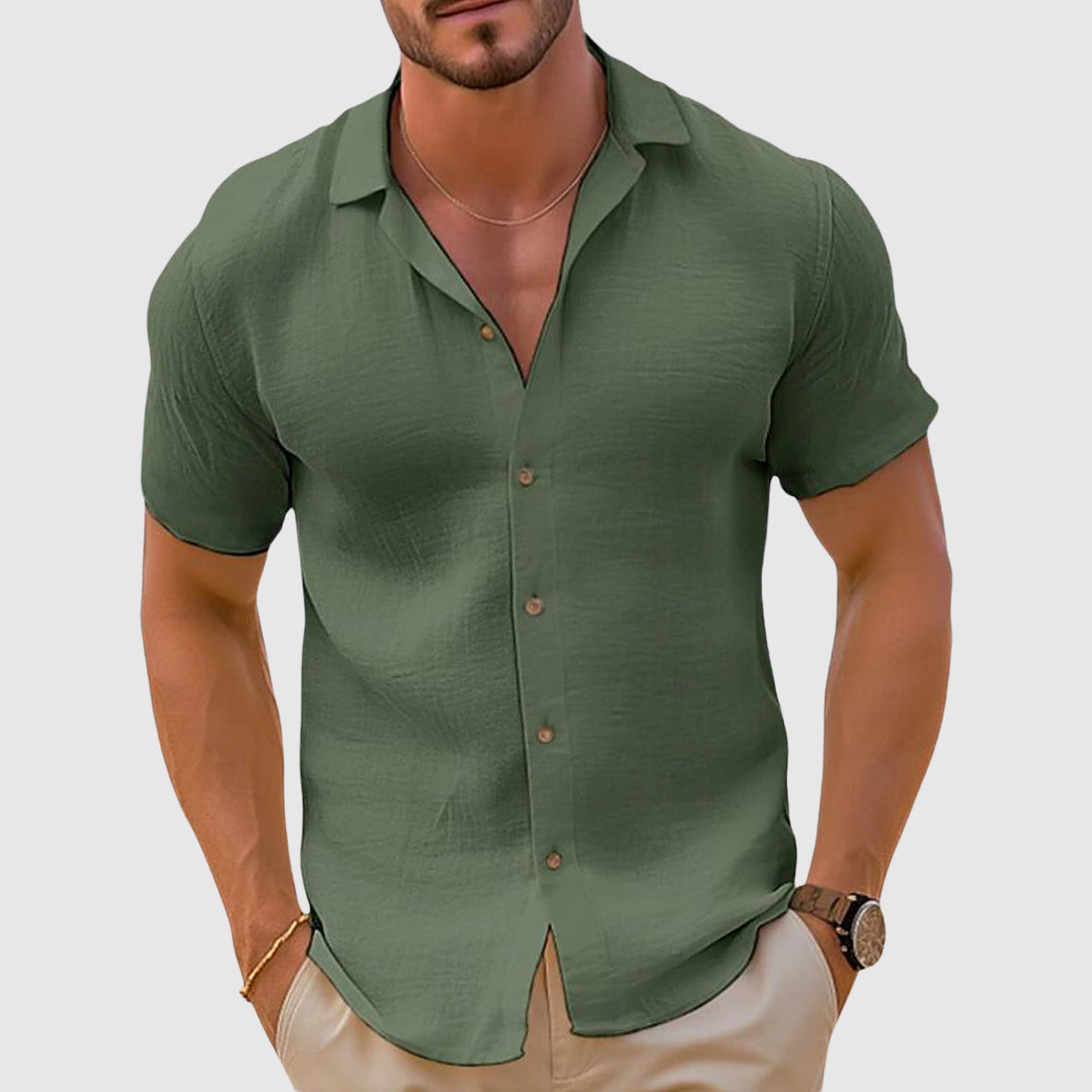 Men's short sleeve button shirt with open collar and textured finish