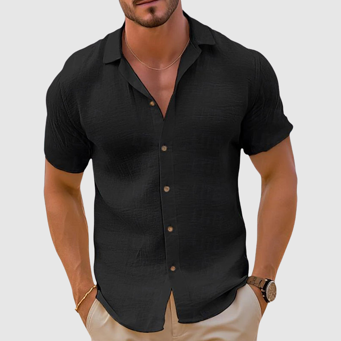 Men's short sleeve button shirt with open collar and textured finish