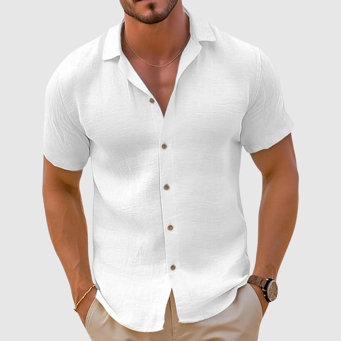 Men's short sleeve button shirt with open collar and textured finish