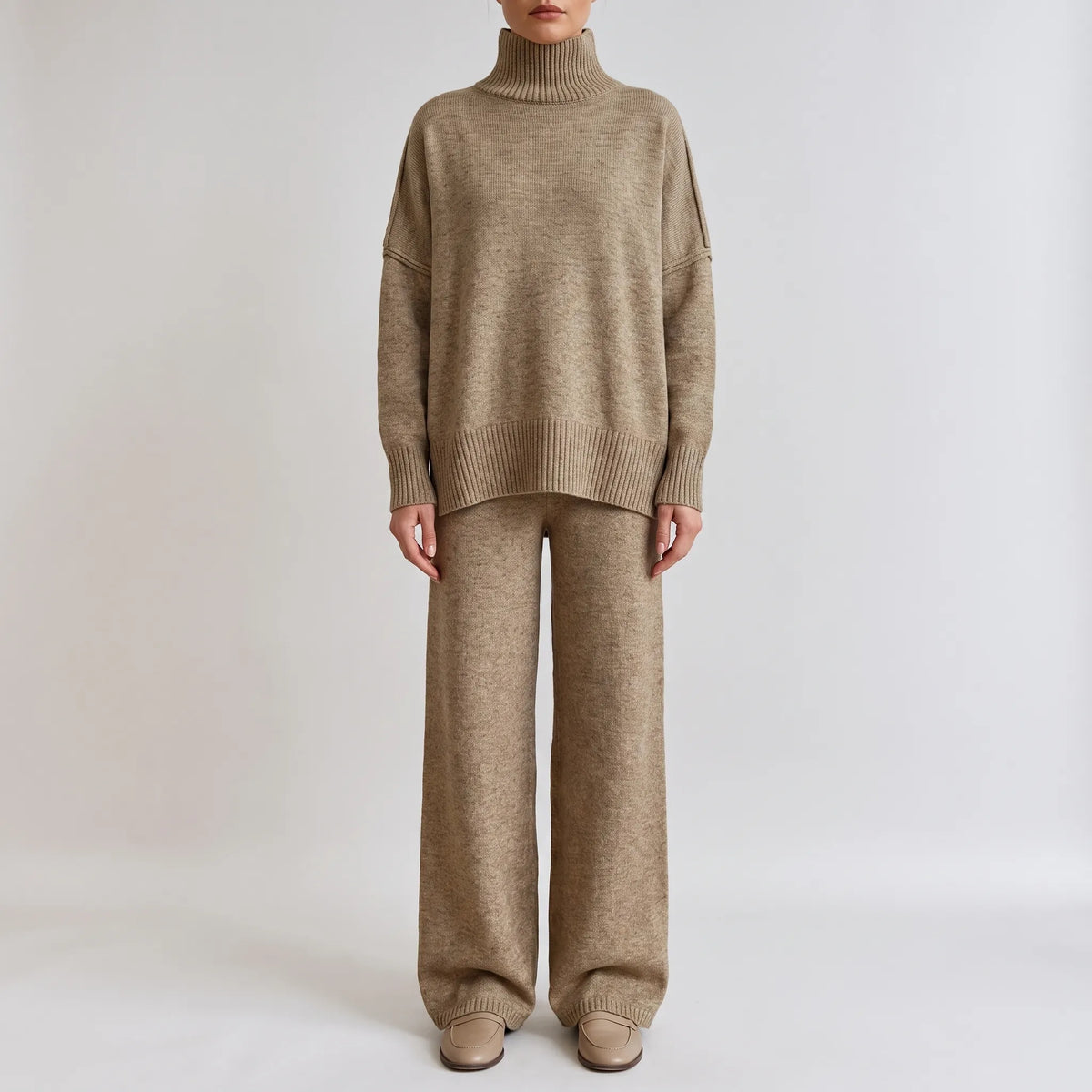 Women's relaxed turtleneck jumper and wide-leg trouser loungewear set