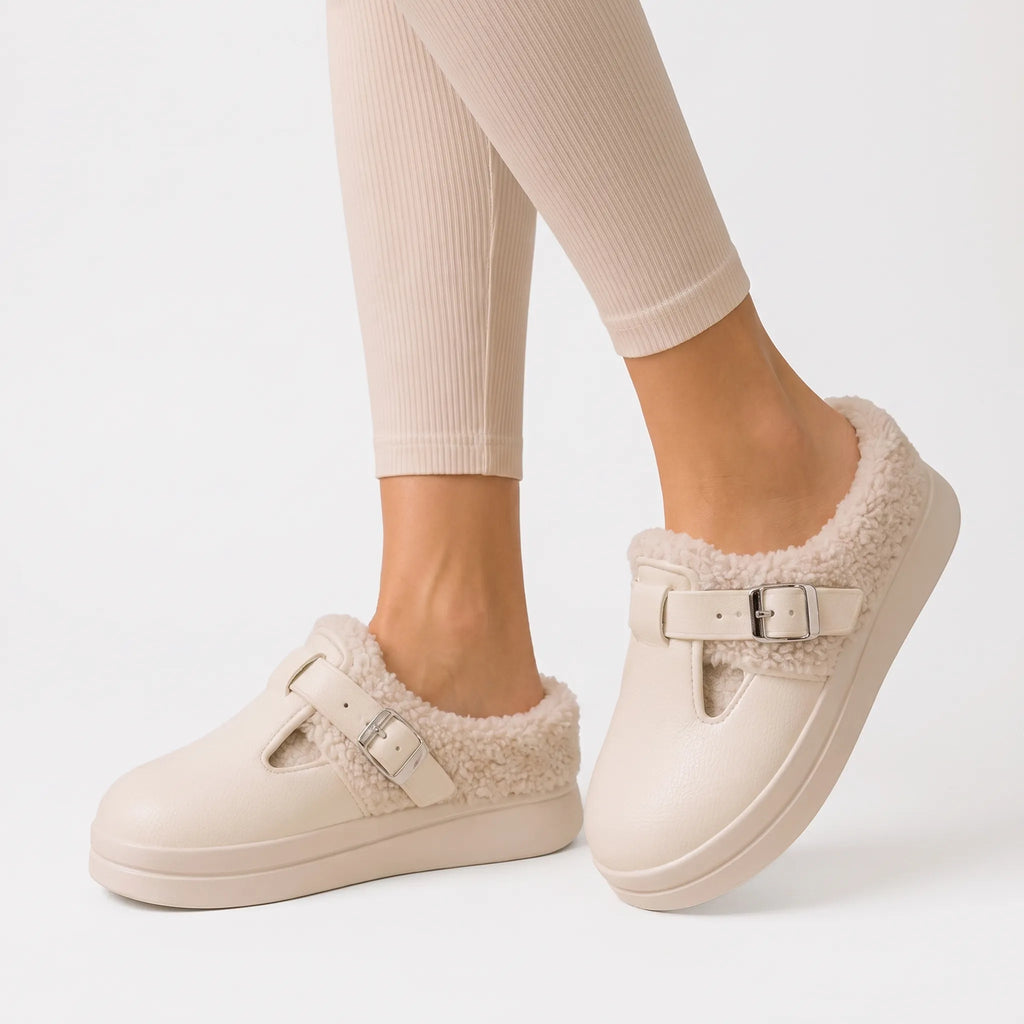 Women's plush-lined slip-on house shoes with buckle straps and thick platform soles