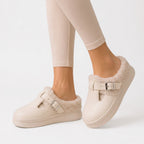 Women's plush-lined slip-on house shoes with buckle straps and thick platform soles