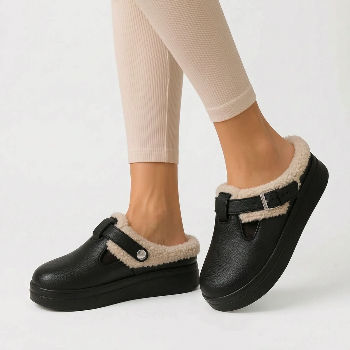 Women's plush-lined slip-on house shoes with buckle straps and thick platform soles
