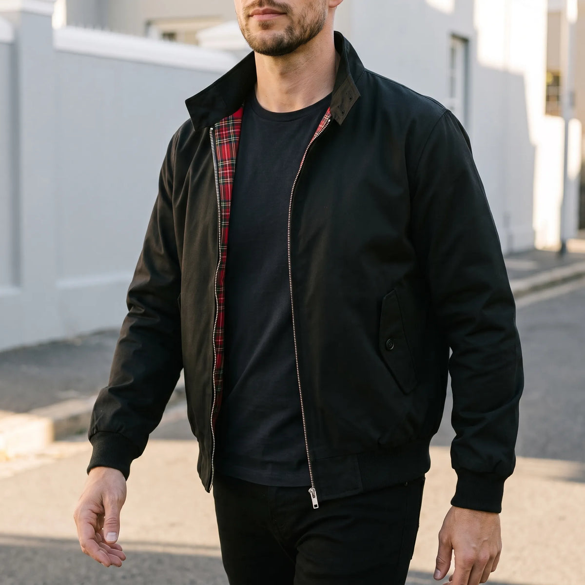 Men's Harrington jacket with stand collar, zip front and tartan lining