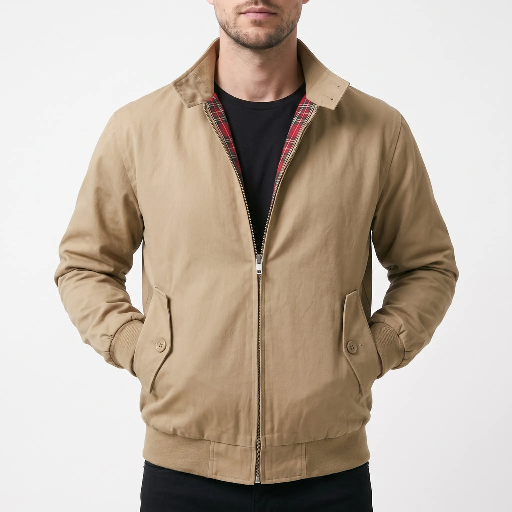 Men's Harrington jacket with stand collar, zip front and tartan lining