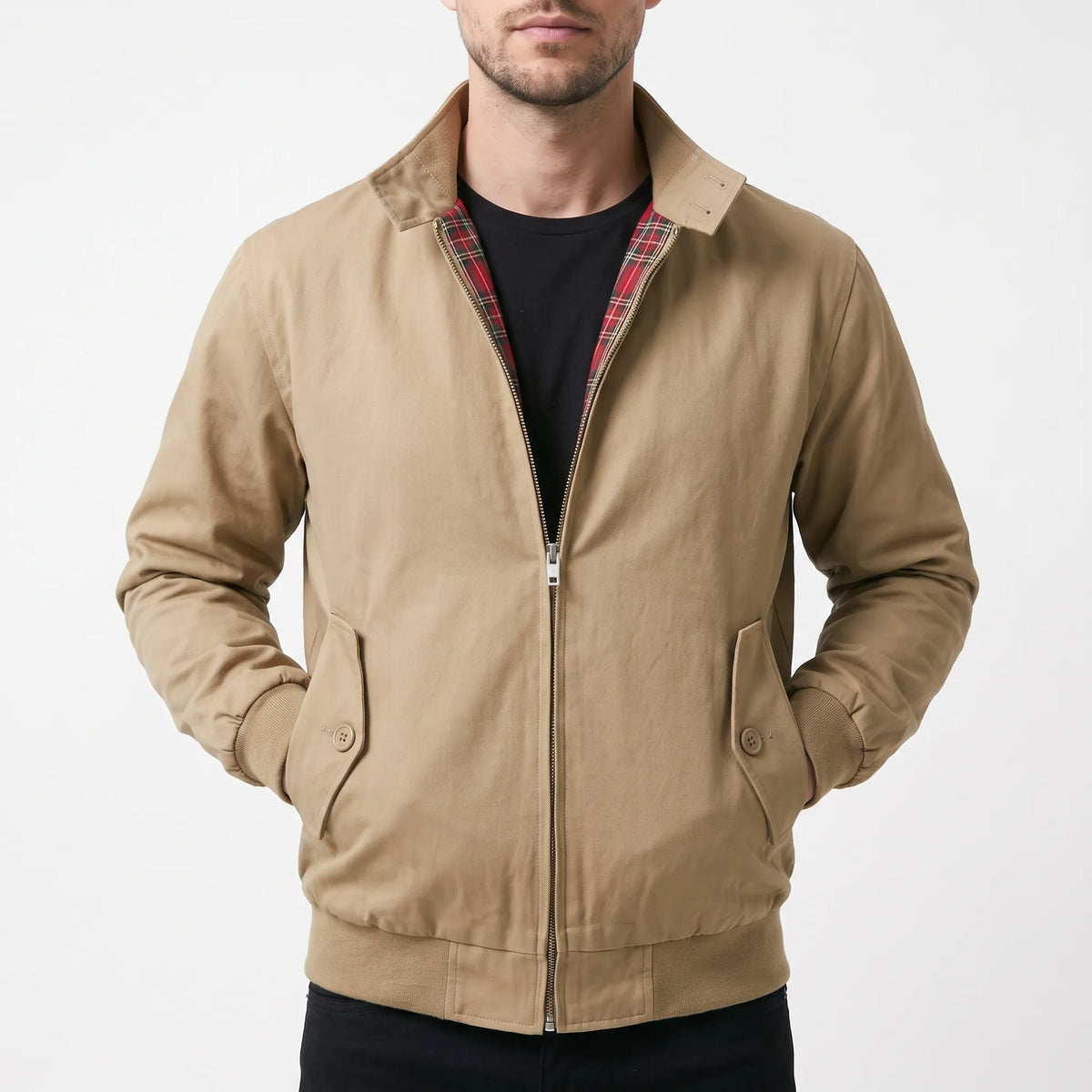 Men's Harrington jacket with stand collar, zip front and tartan lining