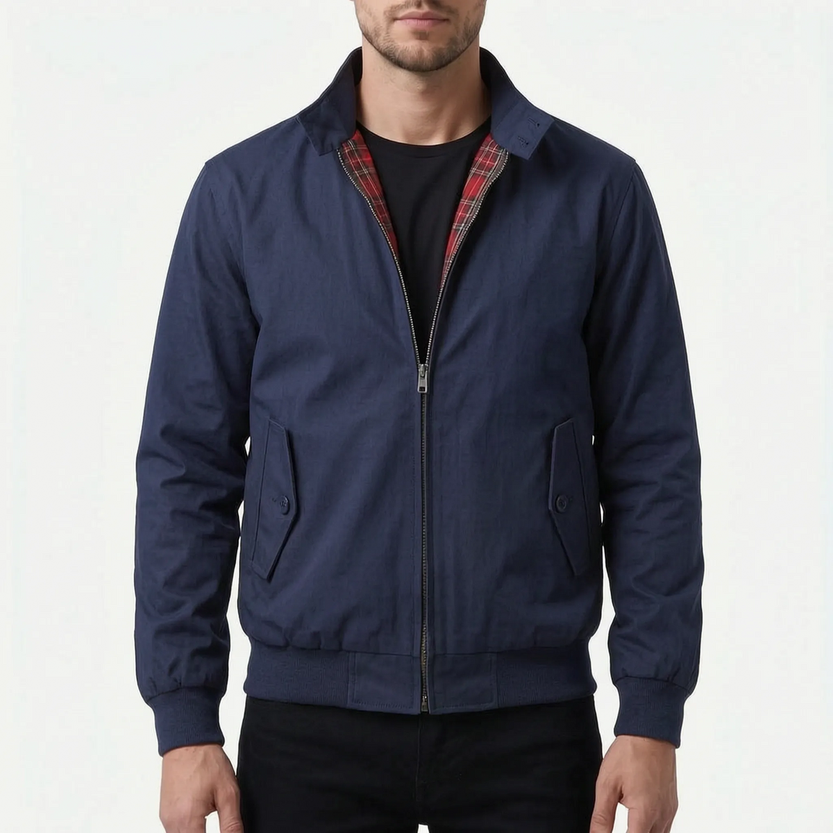 Men's Harrington jacket with stand collar, zip front and tartan lining