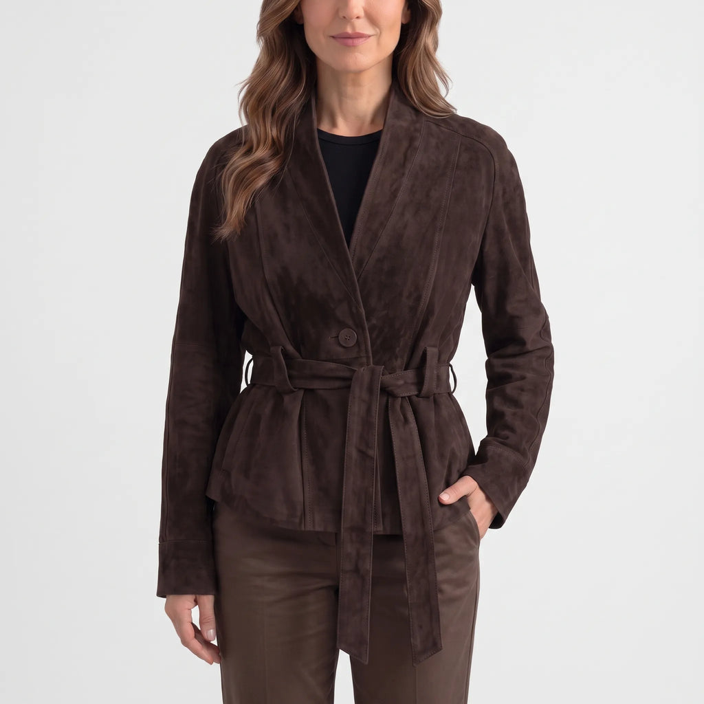 Women's belted shawl collar jacket with long sleeves