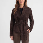 Women's belted shawl collar jacket with long sleeves