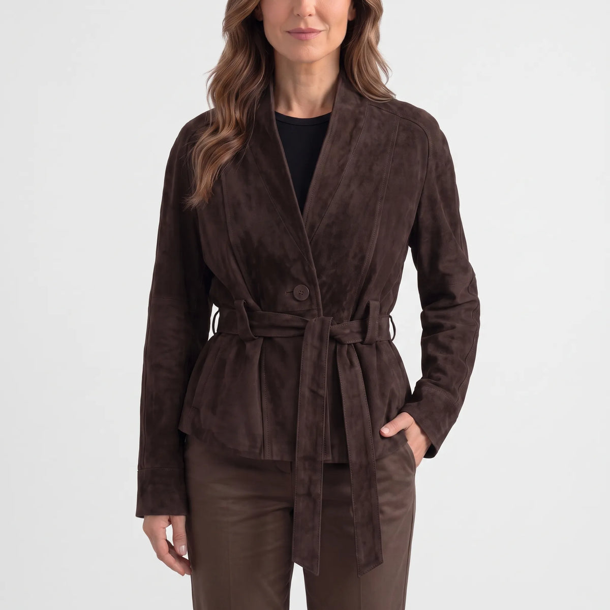 Women's belted shawl collar jacket with long sleeves