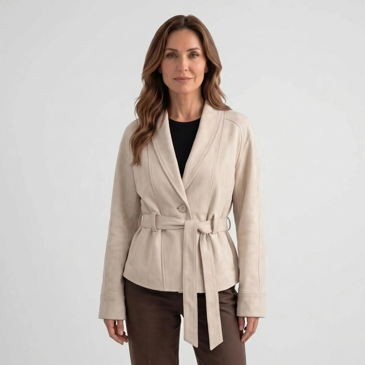 Women's belted shawl collar jacket with long sleeves