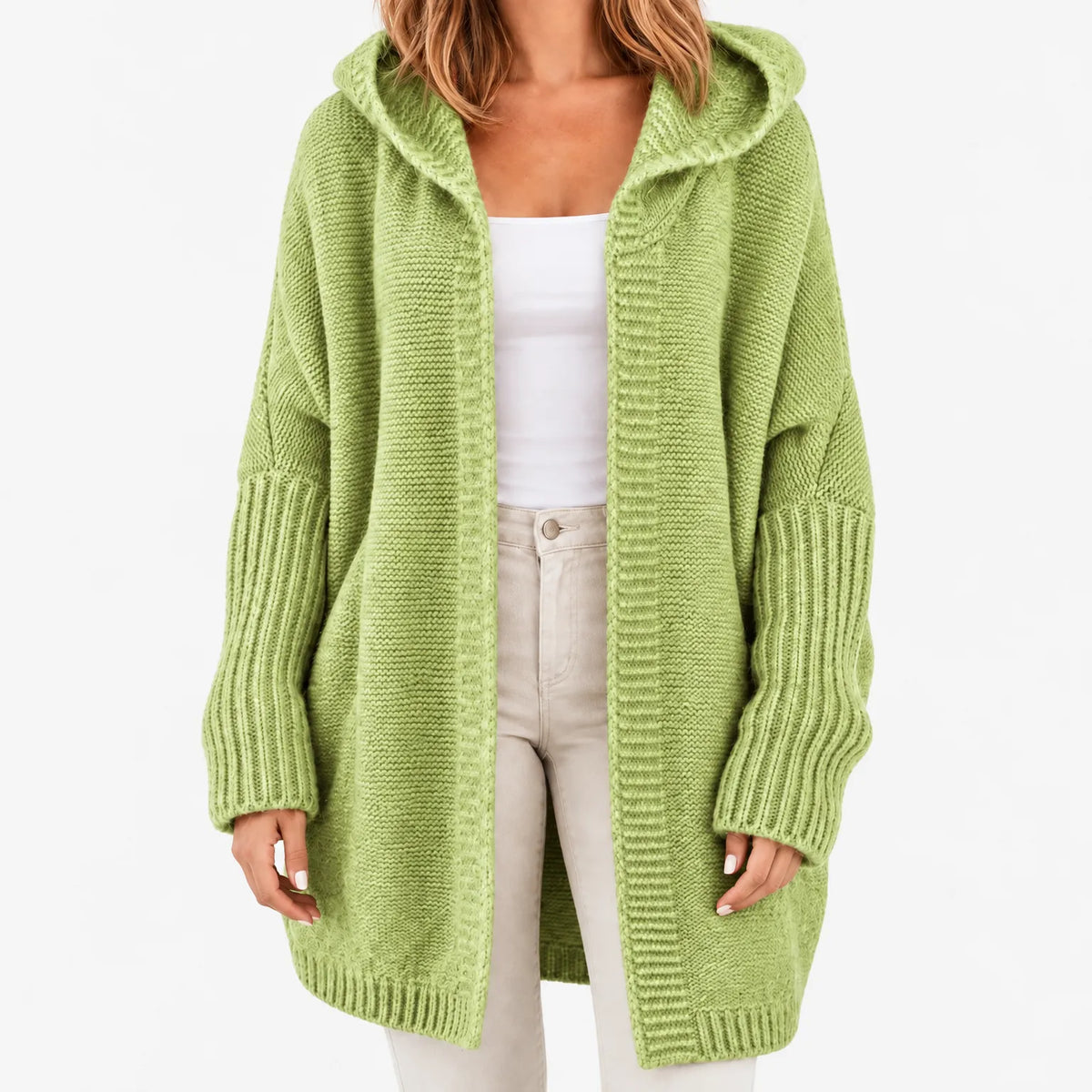 Women's chunky knit hooded cardigan with open front and long sleeves