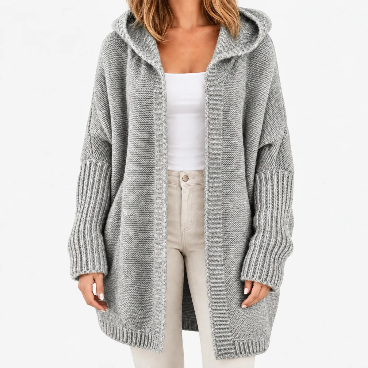Women's chunky knit hooded cardigan with open front and long sleeves