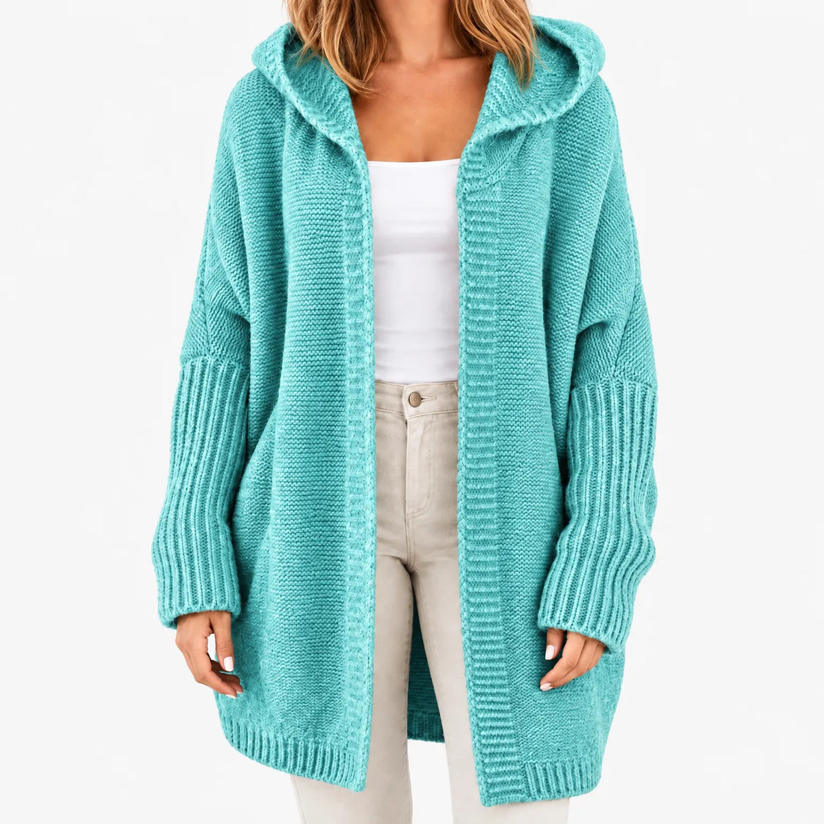 Women's chunky knit hooded cardigan with open front and long sleeves