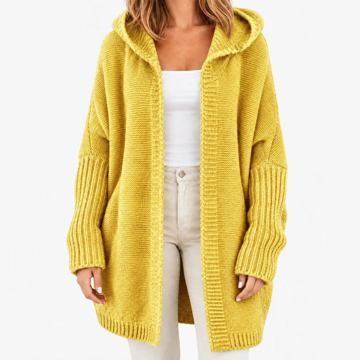 Women's chunky knit hooded cardigan with open front and long sleeves