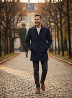 Men's button-front trench coat with spread collar and side pockets