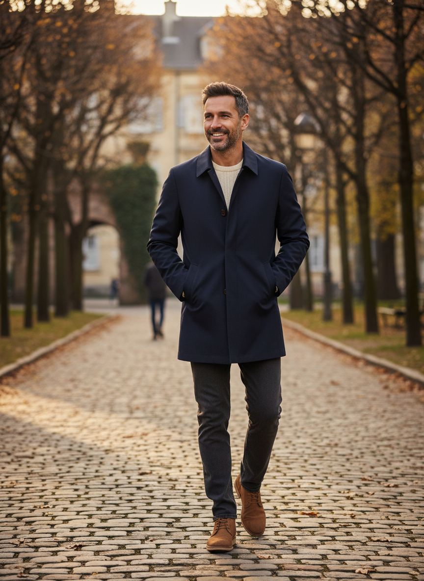 Men's button-front trench coat with spread collar and side pockets