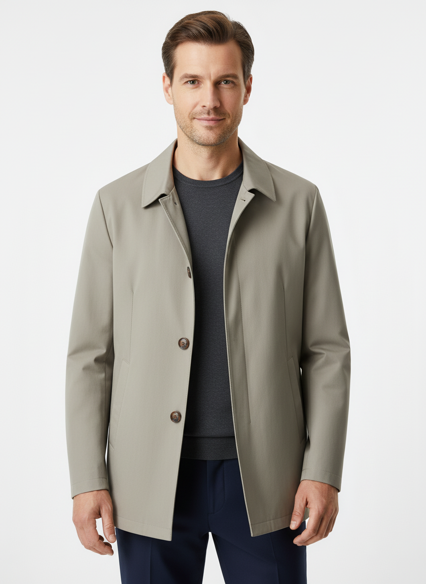Men's button-front trench coat with spread collar and side pockets
