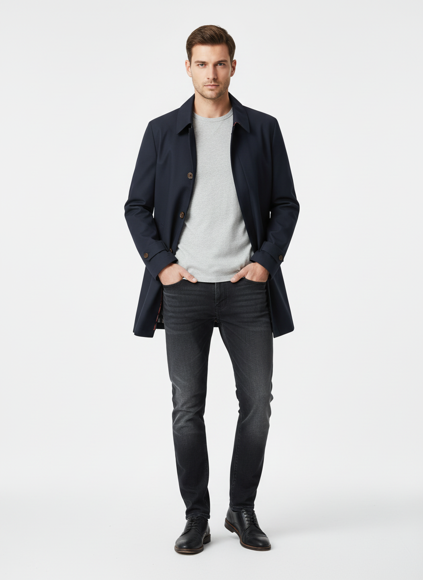 Men's button-front trench coat with spread collar and side pockets