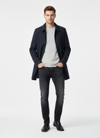 Men's button-front trench coat with spread collar and side pockets