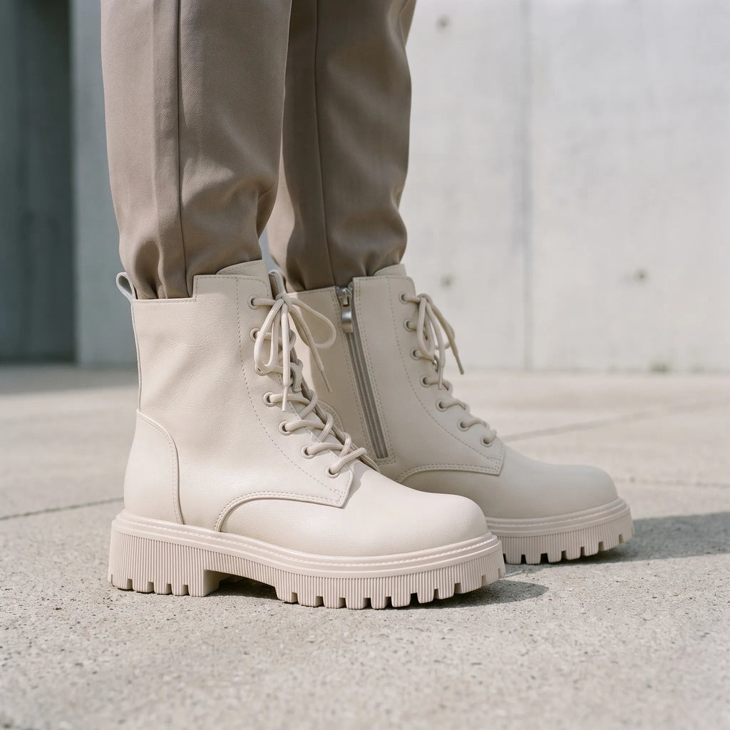Women's lace-up platform combat boots with side zips and lug soles